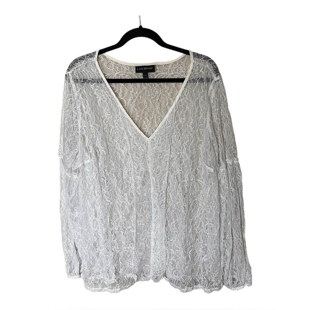Lane Bryant White Lace V-Neck Sheer Blouse with Ruffle Sleeves Size 22/24